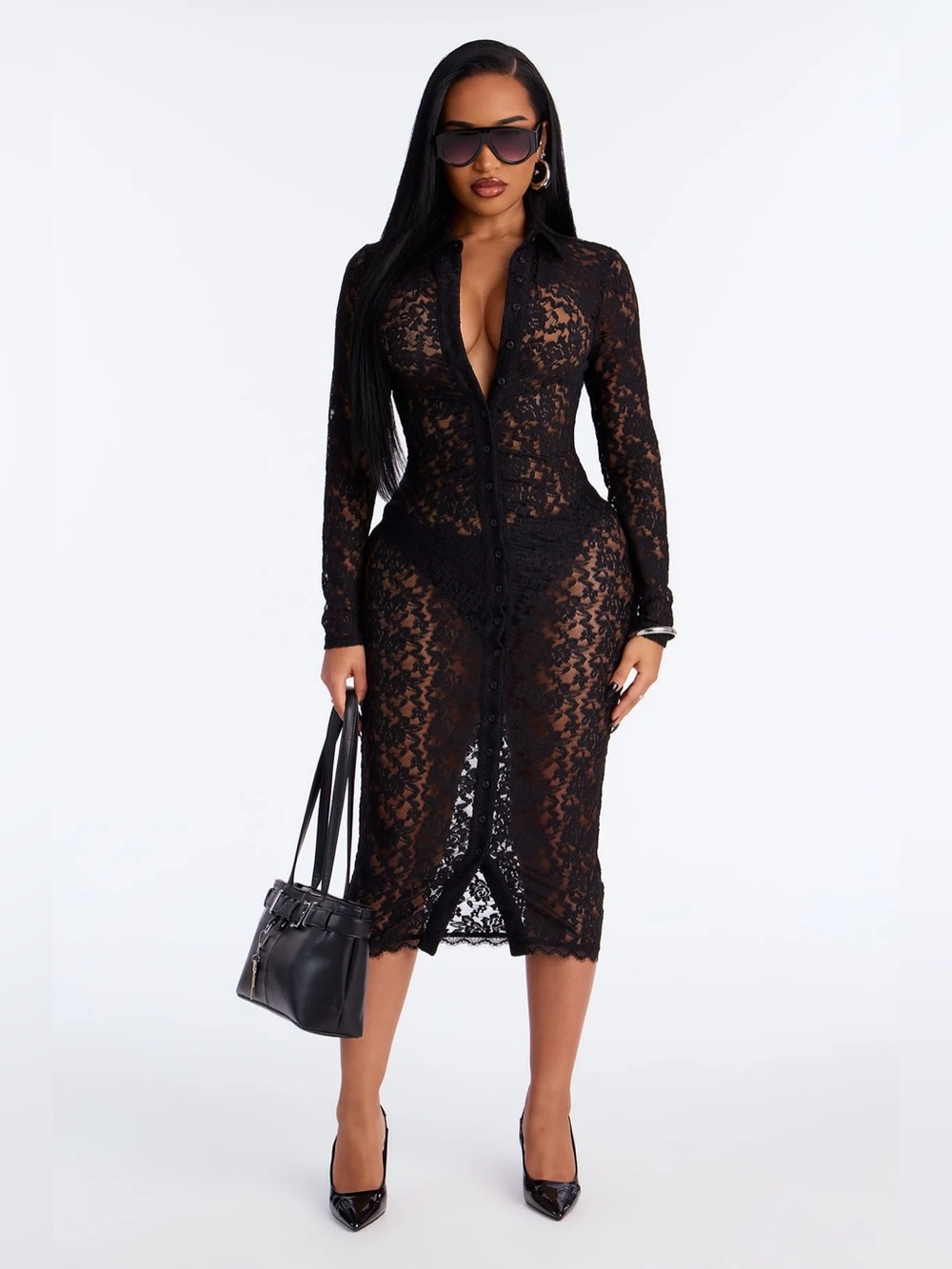 Fashion Nova Katie Lace Midi Dress Black M
